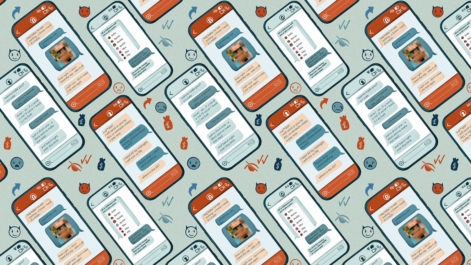 Illustration of a person looking distressed at a computer. A chat bubble on the screen displays a threat: "SHARE + ££!! do now."