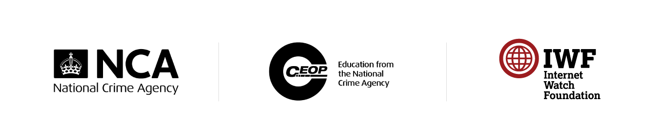 A horizontal row of campaign partner logos separated by thin vertical lines, featuring the National Crime Agency (NCA) logo, the CEOP Education from the National Crime Agency logo, and the Internet Watch Foundation (IWF) logo.
