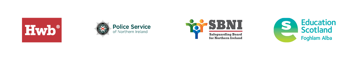 A horizontal row of logos for supporting organisations, reading from left to right: Hwb, Police Service of Northern Ireland, SBNI Safeguarding Board for Northern Ireland, and Education Scotland Foghlam Alba.