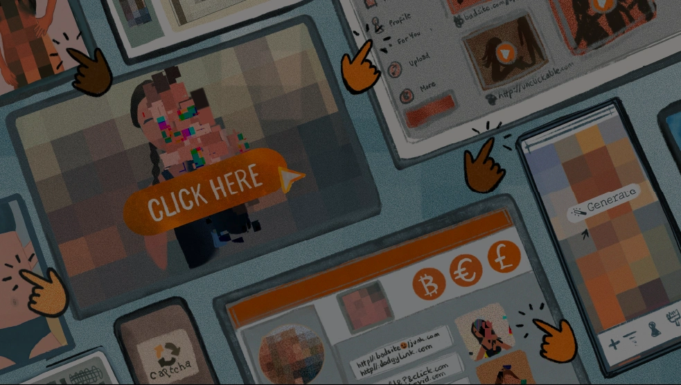 Illustration showing multiple screens with the writing 'click here' 