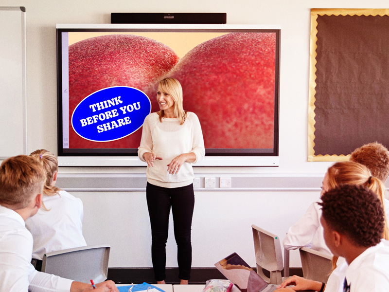 Think Before You Share campaign graphic that says 'Talk about awkward' with an image of the top of a peach.