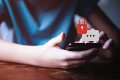 Child using a mobile phone with a message and lock icon