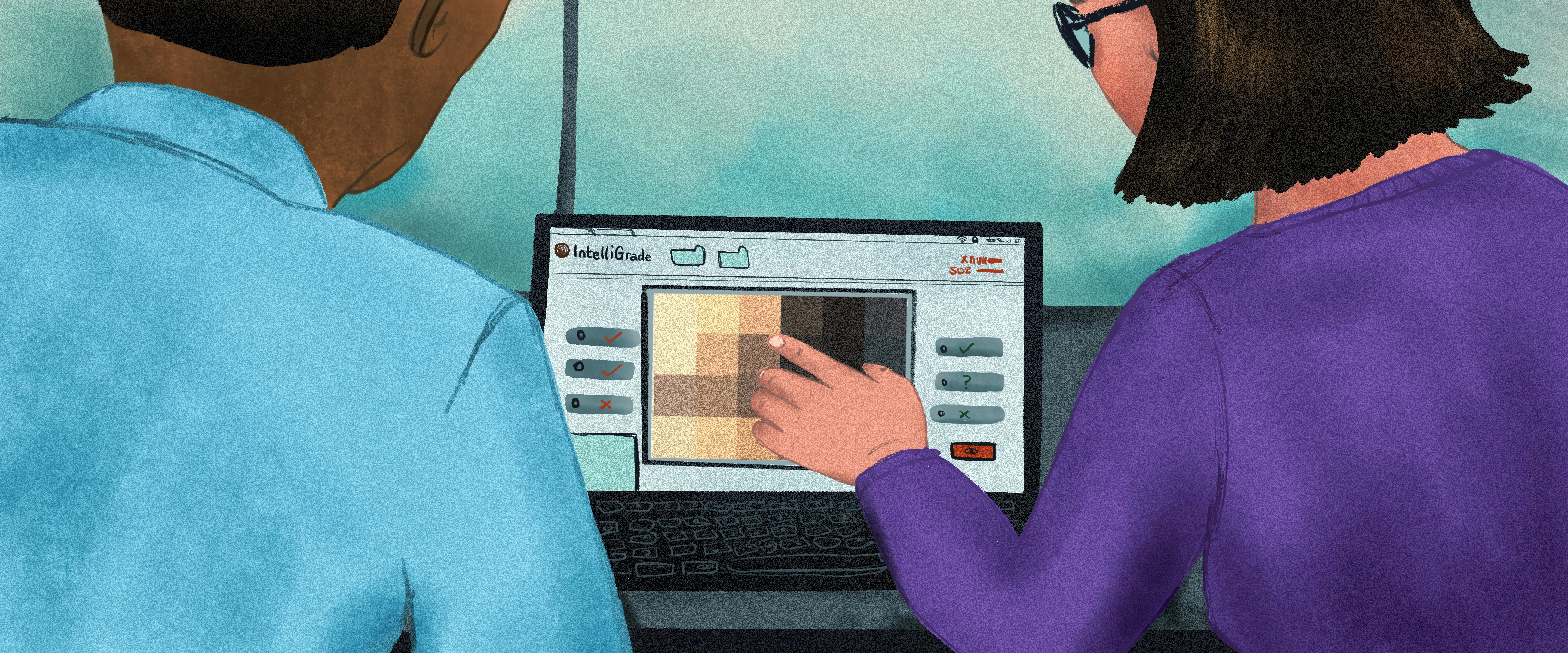 Illustration of a woman with AI style lines on her face 