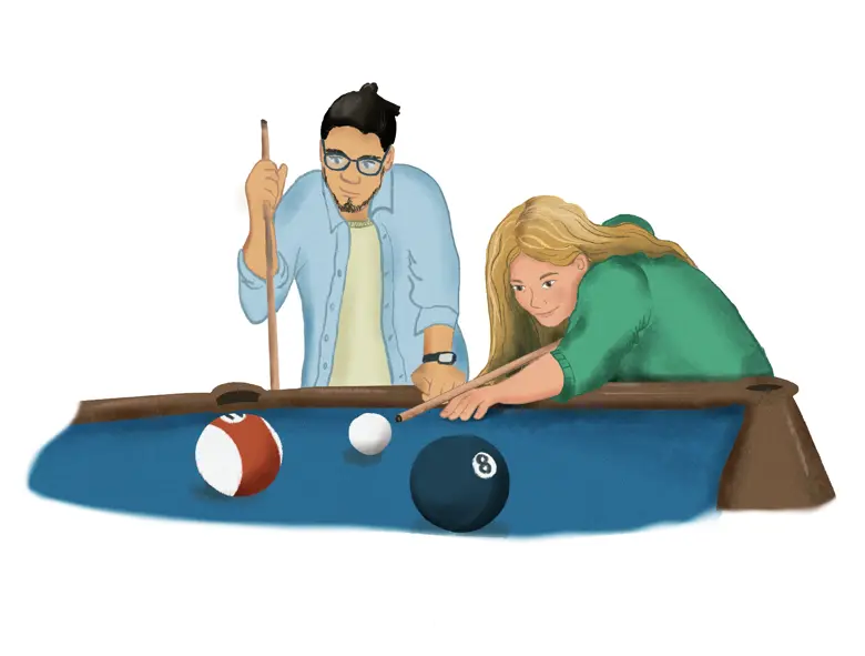 An illustration of two members of the Hotline team playing pool.