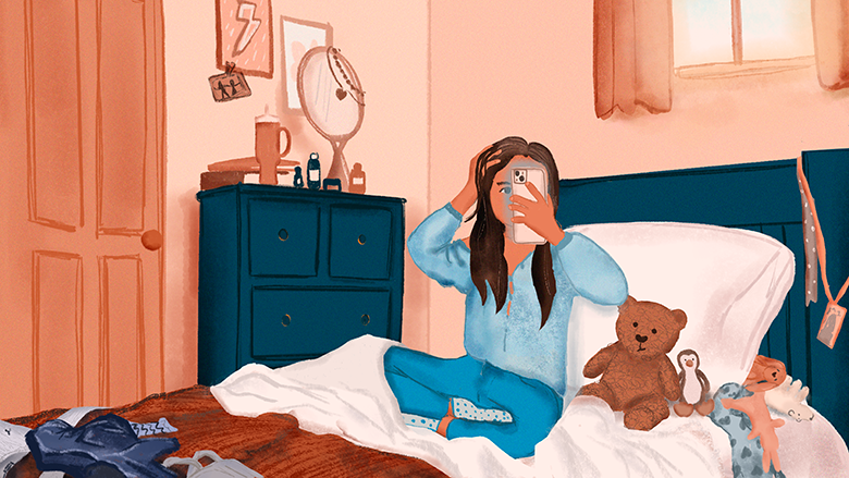 An illustration of a girl on a bed using a smartphone to take a photo or video of herself