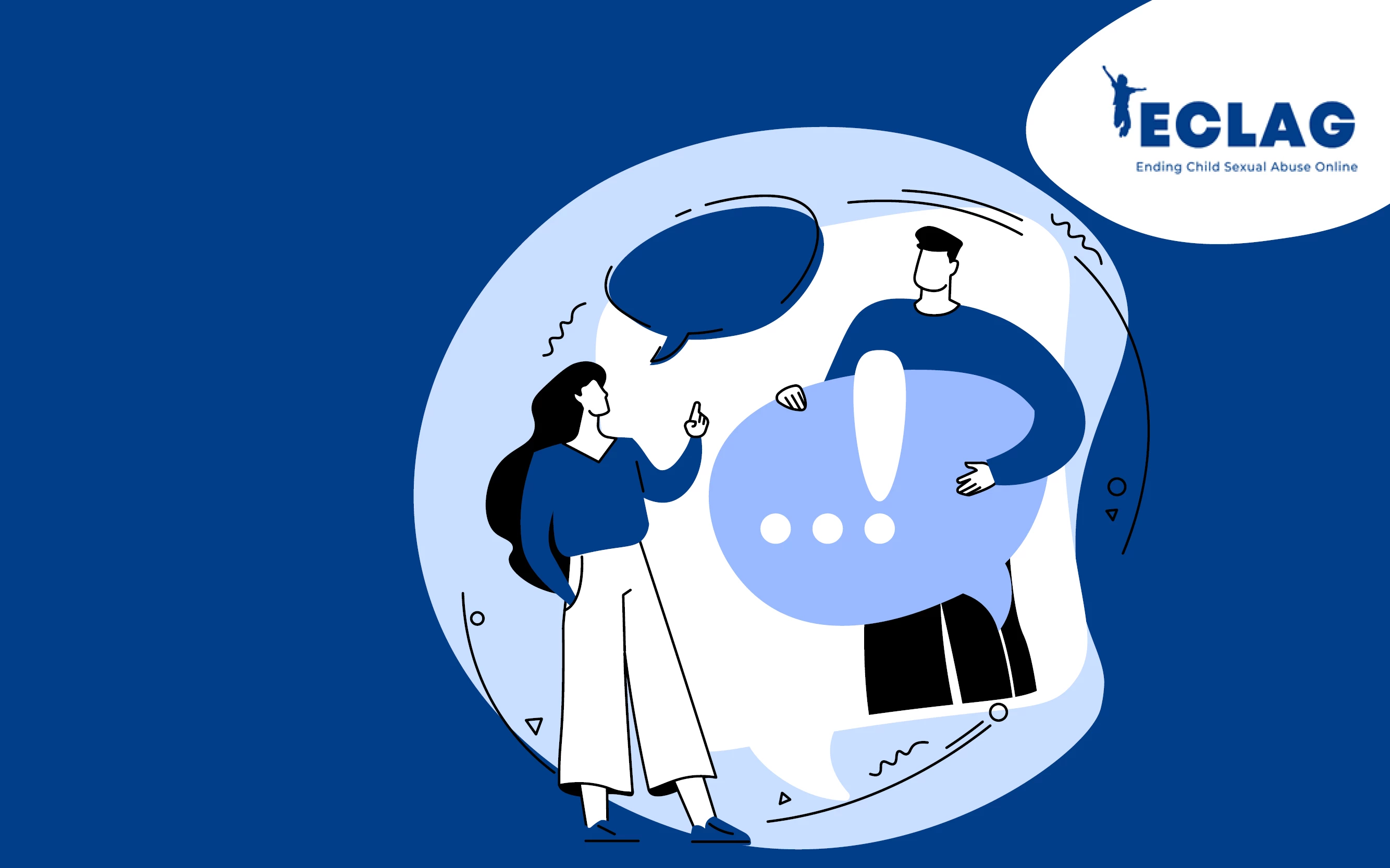 Illustration showing two people talking with the words ECLAG - Ending Child Sexual Abuse Online written next to them