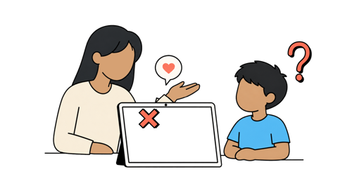 Illustration of a parent having a talk with their child with a tablet on the table
