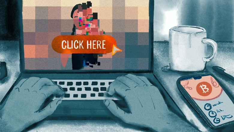 An illustration of a laptop screen displaying multiple windows, including a cryptocurrency chart and an explicit pixelated image. A hand rests on the keyboard, with a mobile phone showing crypto data on the desk beside it.