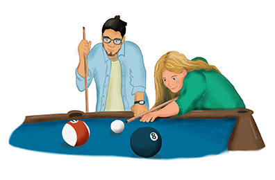 An illustration of two people playing pool 