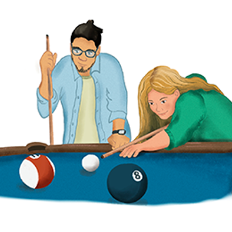 An illustration of two people playing pool 