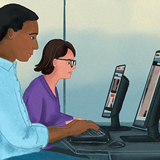 Illustration of two people working at computers