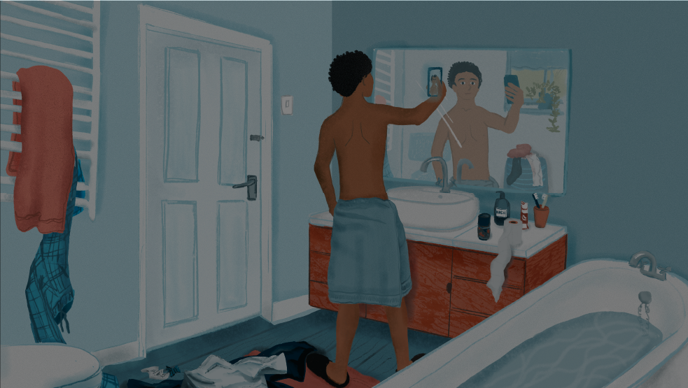 Illustration of a young boy in a bathroom, in front of a mirror, taking a photo of himself with a towel around his waist 