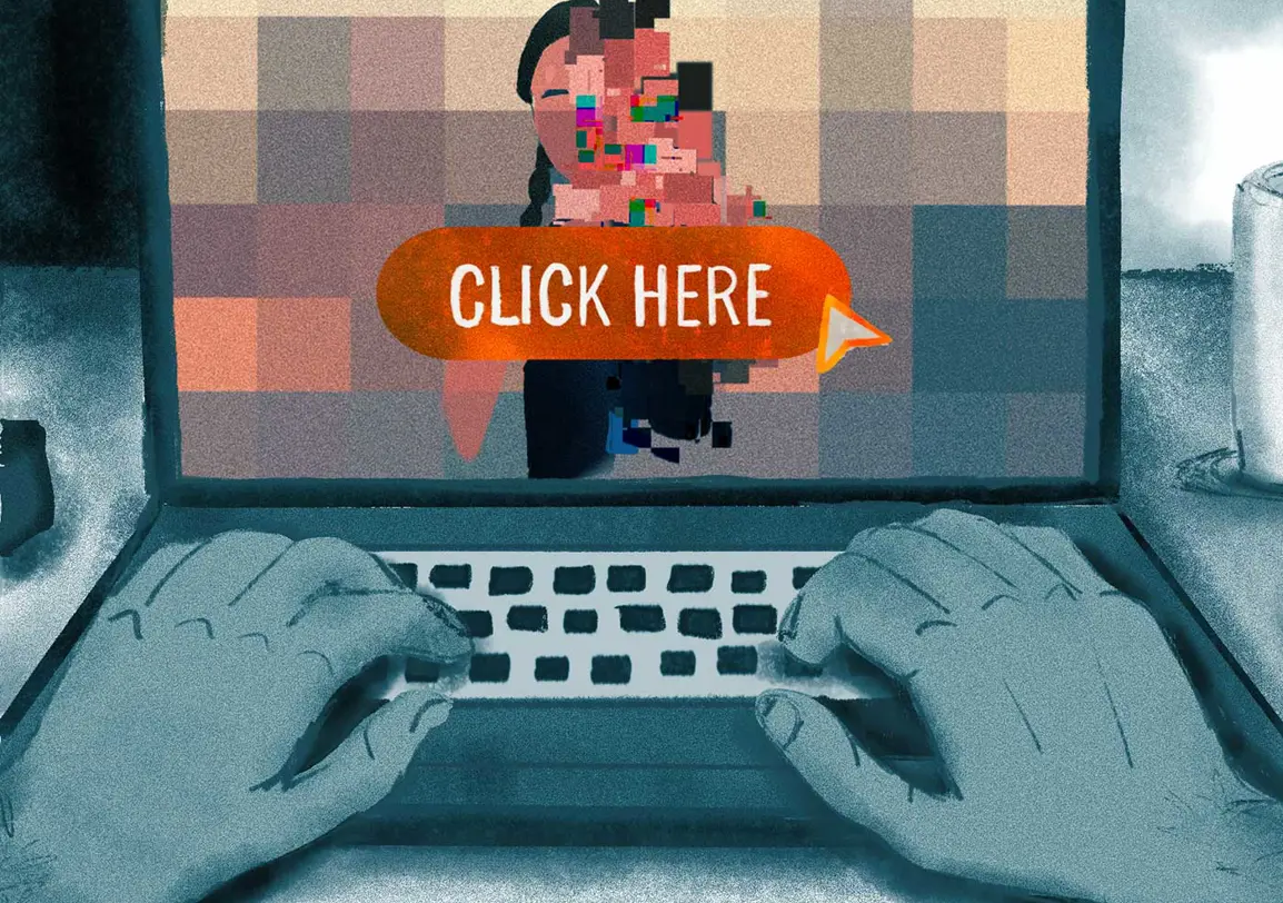 Illustration of hands on a laptop keyboard with the words 'Click here' on a button on the screen