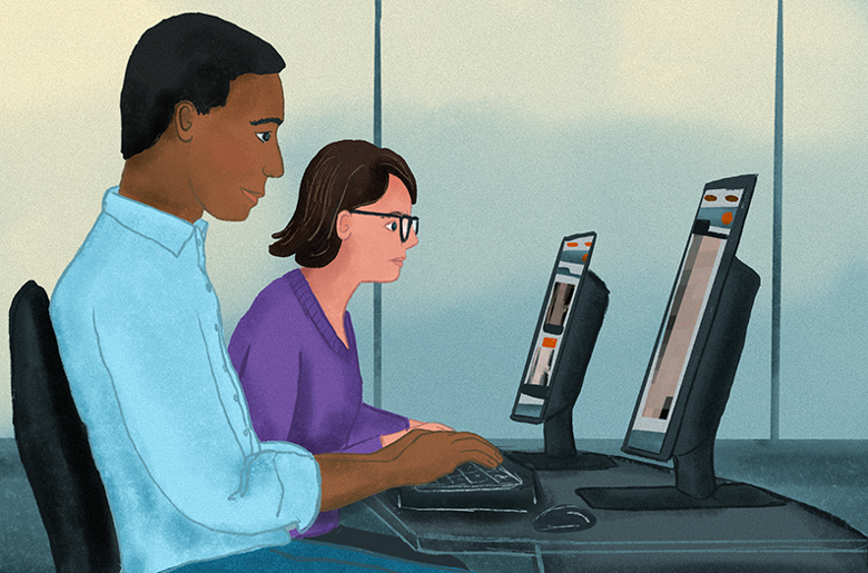 An illustration of Hotline analysts working on their computers