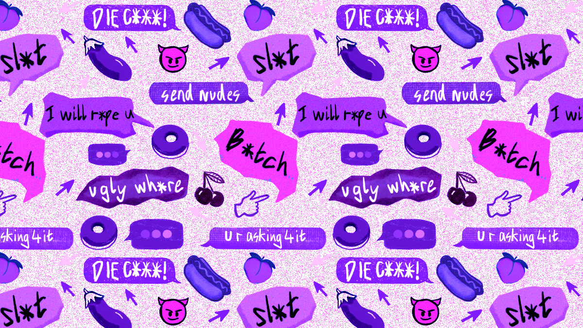 Abstract pattern featuring blue neon-style pixelated lines on a dark background showing emojis and speech bubbles containing explicit words.