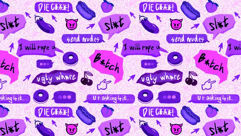 Abstract pattern featuring blue neon-style pixelated lines on a dark background showing emojis and speech bubbles containing explicit words.
