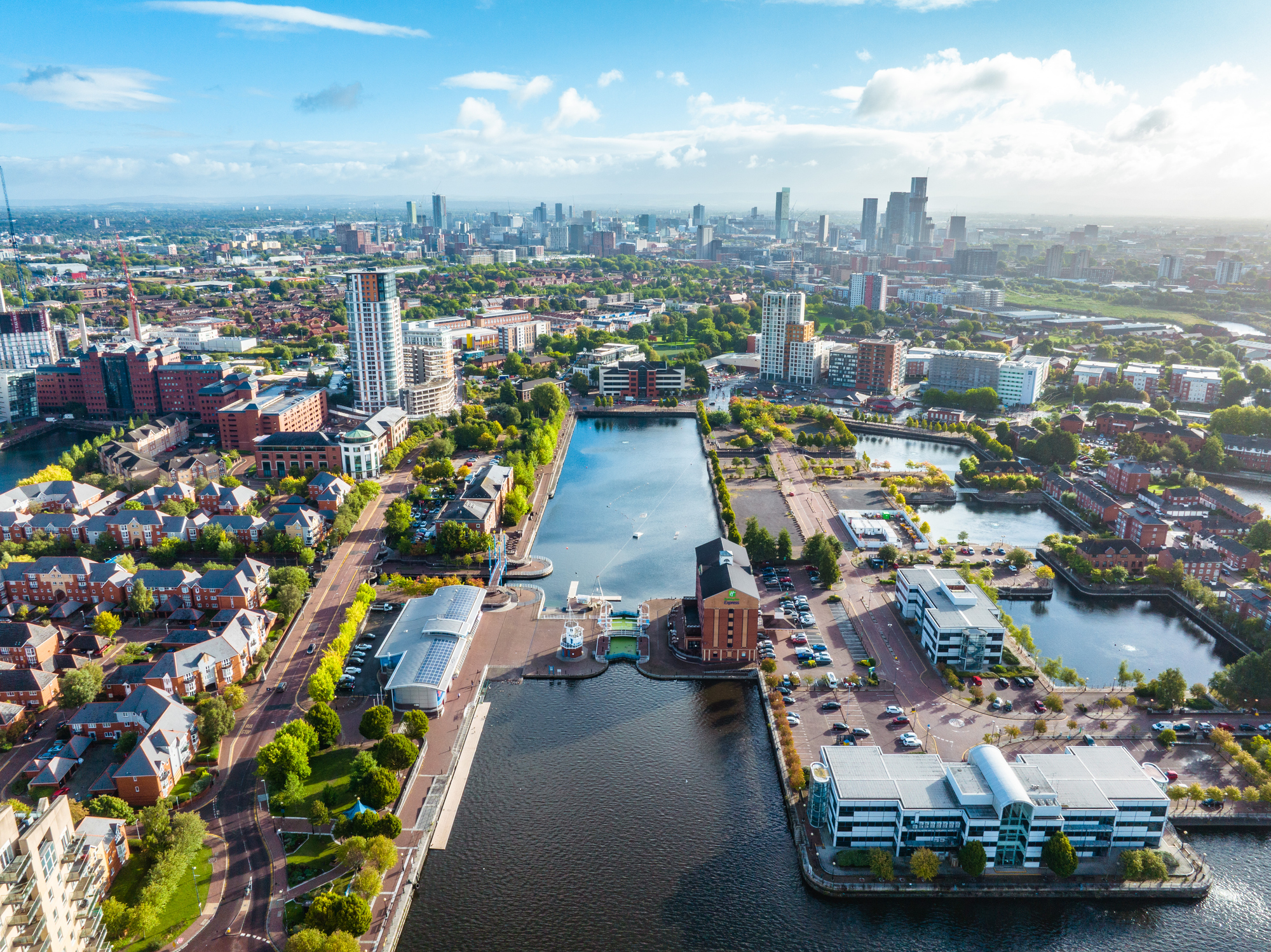 Drone view of Media city Salford quays, Manchester