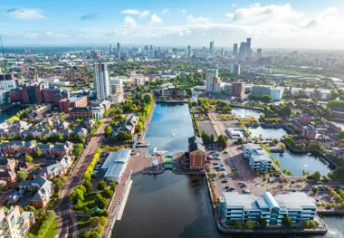 Drone view of Media city Salford quays, Manchester
