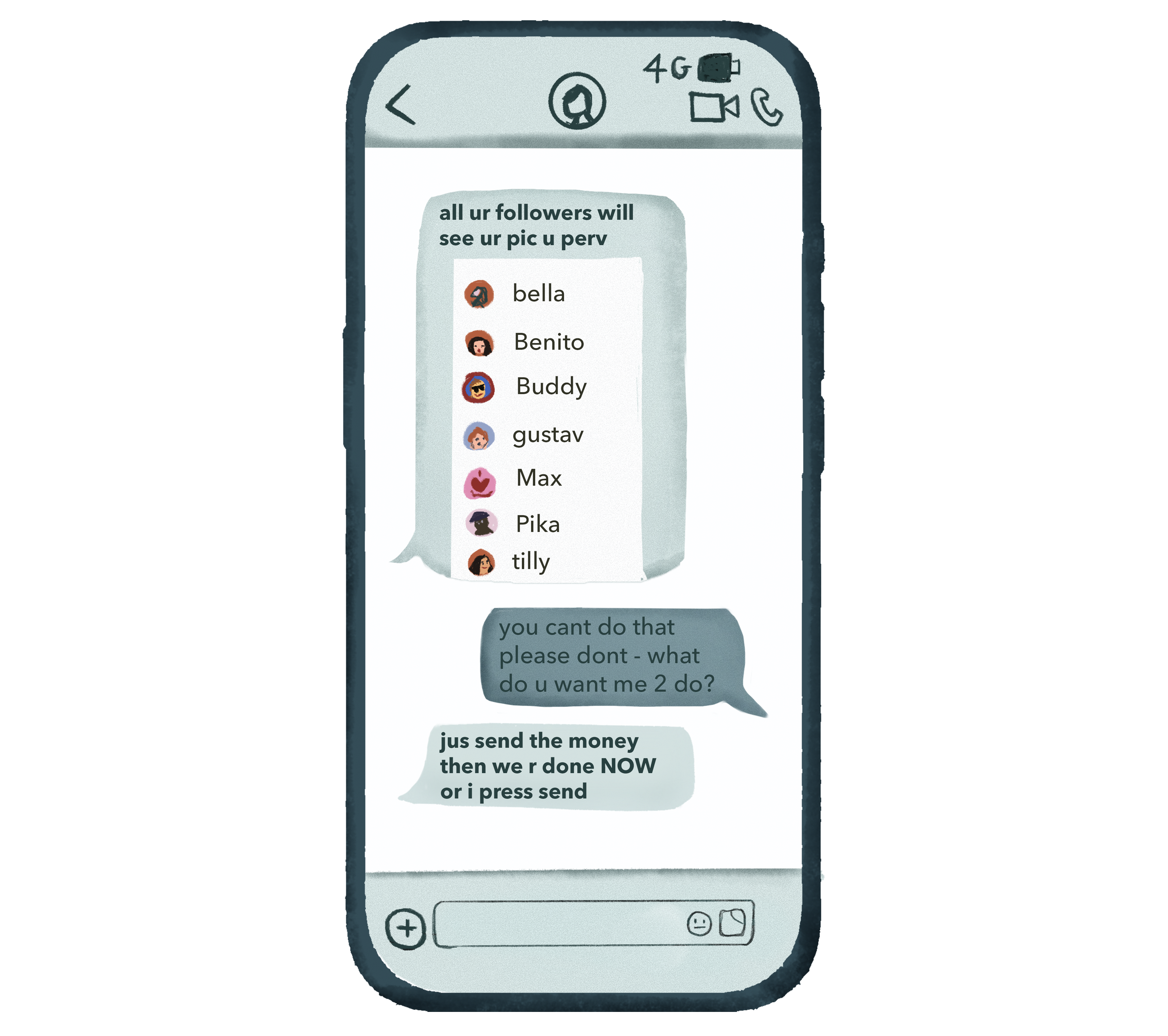 Illustration of a phone chat where an offender threatens to send a young person’s image to their followers unless they pay.