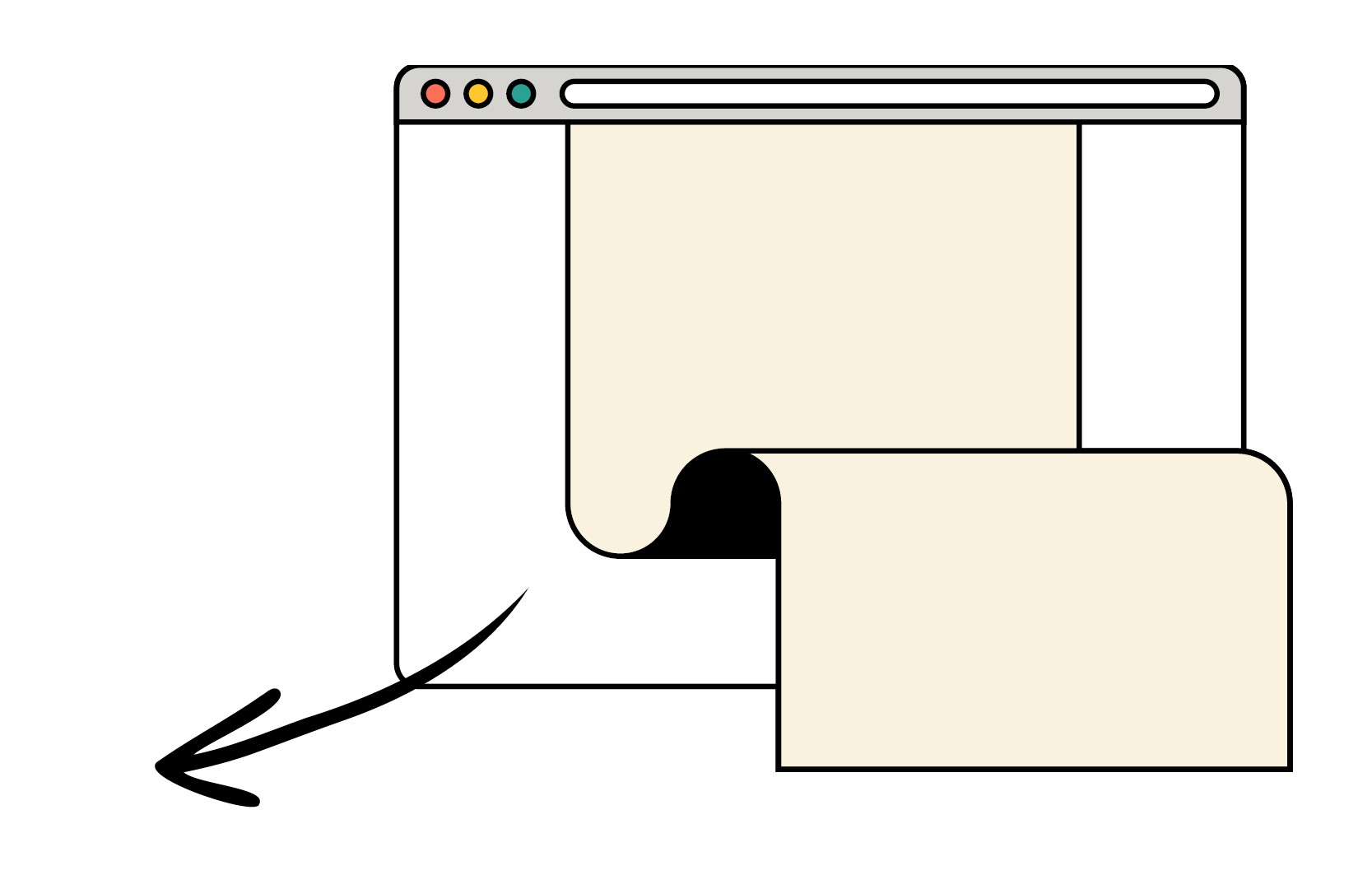 An illustration of a web browser window with a document scrolling out of it, accompanied by a directional arrow pointing down and to the left.
