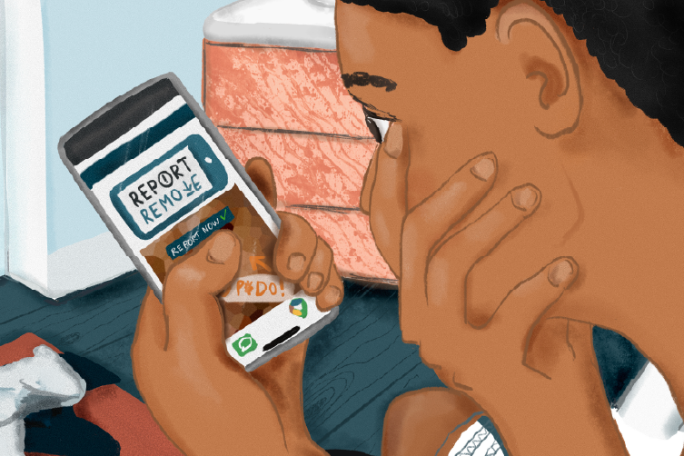 A person holds a smartphone displaying the "Report Remove" tool for flagging harmful online content. The screen includes a "REPORT NOW" button.