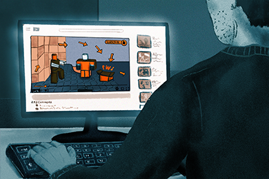 Illustration of a man watching an online gaming video showing a inchoate link