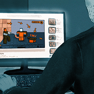 Illustration of a man watching an online gaming video showing a inchoate link