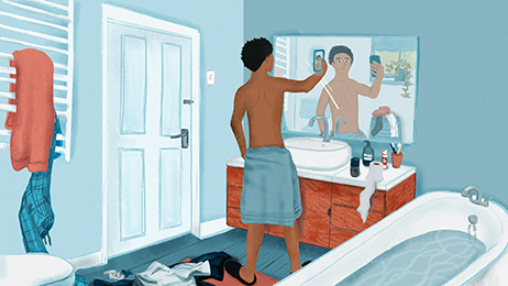 Illustration of a young boy in a bathroom, in front of a mirror, taking a photo of himself with a towel around his waist 