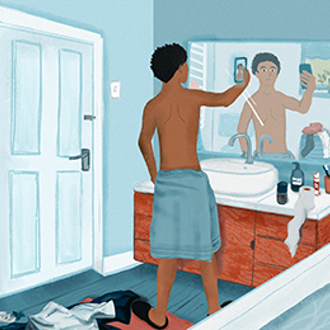 Illustration of a young boy in a bathroom, in front of a mirror, taking a photo of himself with a towel around his waist 