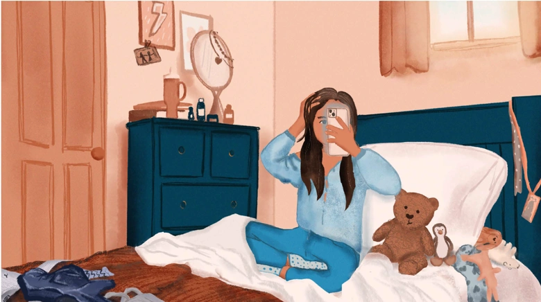 Illustration of a girl on a bed taking a photo of herself, demonstrating what 'self-generated' imagery is. 