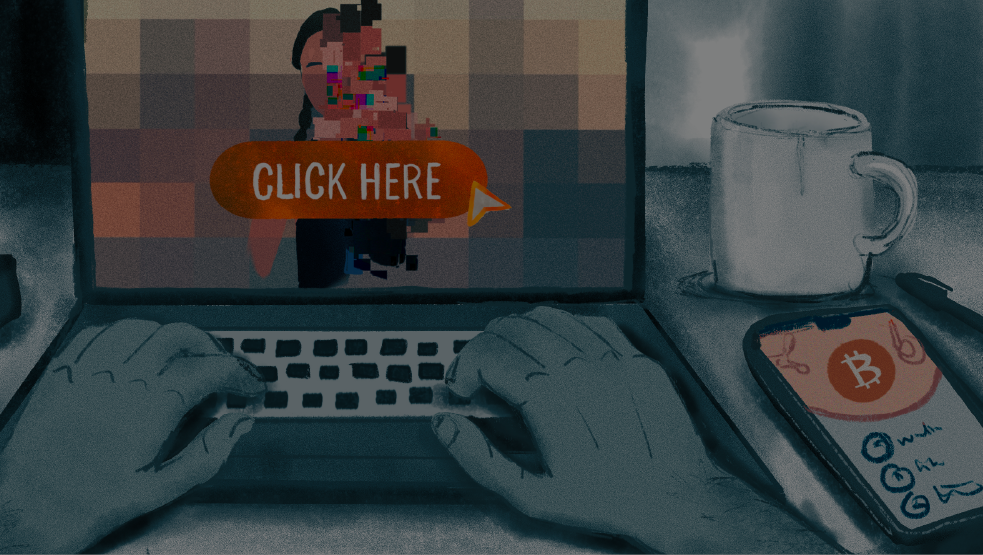 Illustration showing hands on a laptop keyboard with the words 'click here' on the screen 